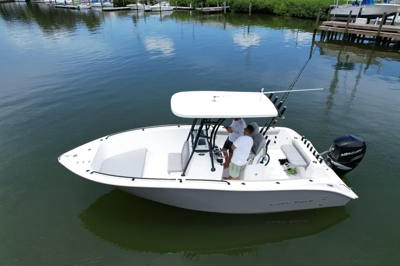 Slide: The Image of 2019 Cape Horn 22 OS boat on calm water with two people onboard. - 11
