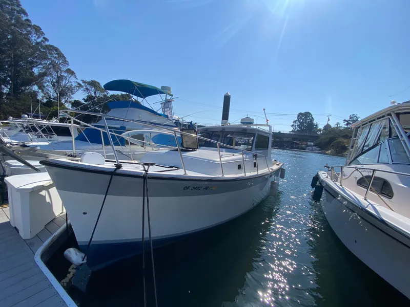 Slide: The Image of 1986 Luhrs Alura boat docked in a sunny marina setting. - 2