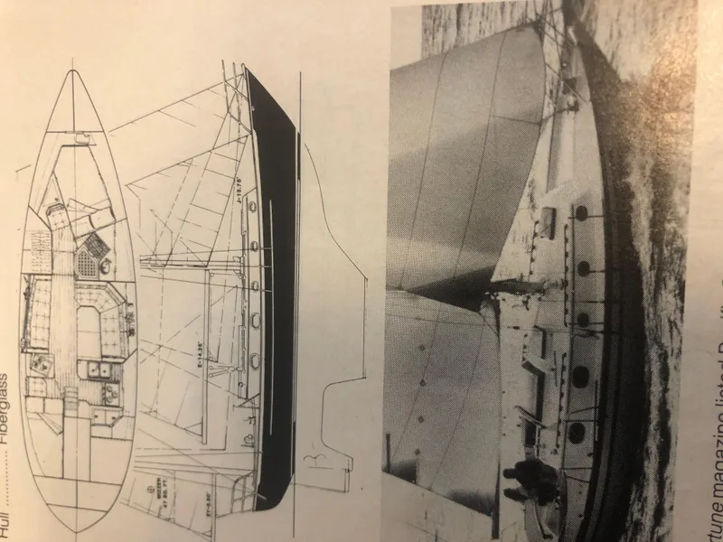 Slide: The Image of Blueprint and photo of 1988 Pacific Seacraft Cutter sailboat, showcasing design and sailing. - 3