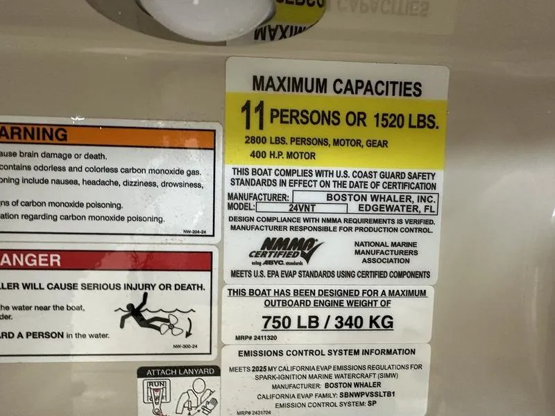 Slide: The Image of Capacity label for 2024 Boston Whaler 240 Vantage, 11 persons or 1520 lbs. - 14