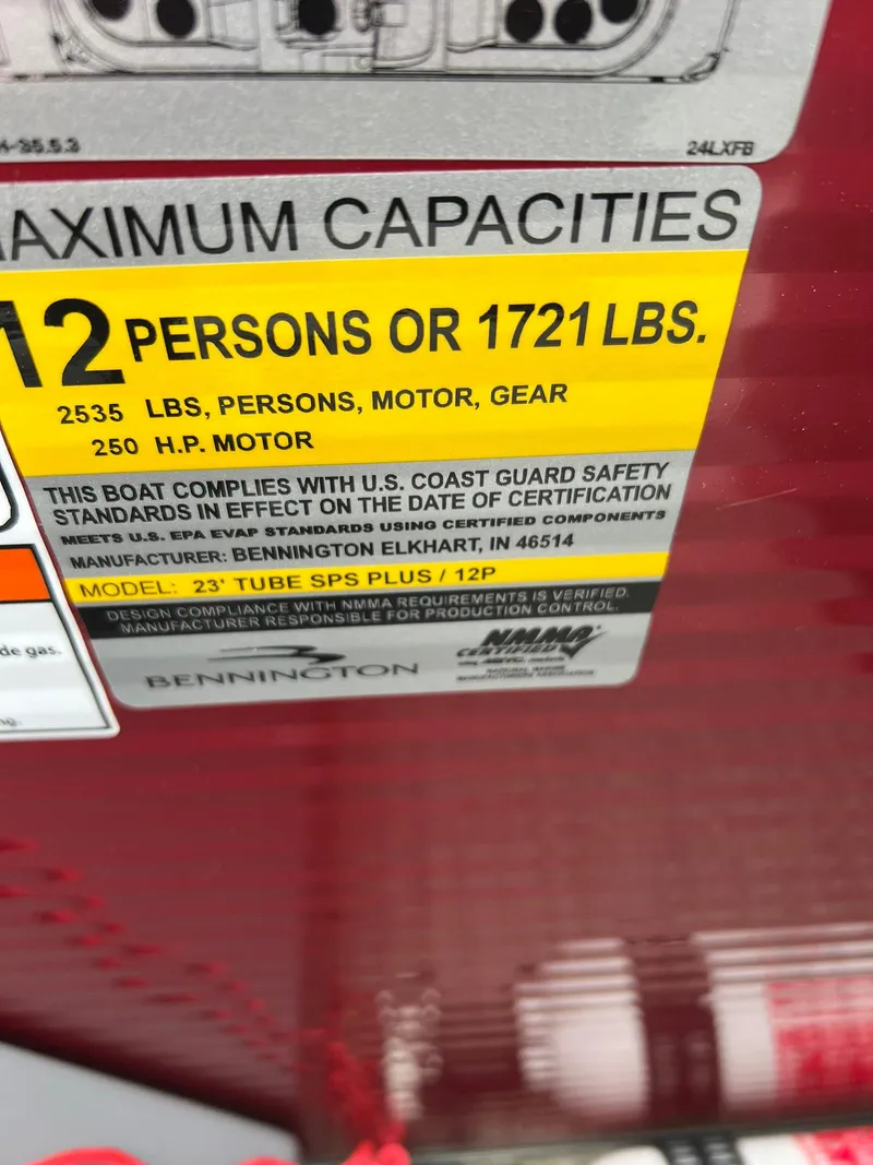Slide: The Image of 2022 Bennington 24 LXFB boat capacity label, max 12 persons or 1721 lbs, 250 HP motor. - 11