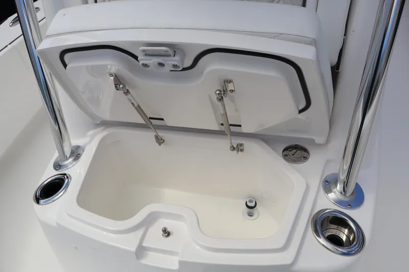 Slide: The Image of 2024 Valhalla Boatworks V-28 open storage compartment with stainless steel fittings. - 32