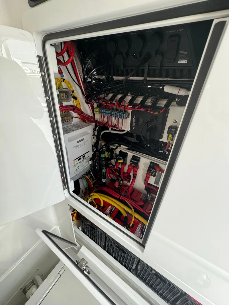Slide: The Image of Electrical panel of 2024 Valhalla Boatworks V-28 boat with wiring and components. - 42
