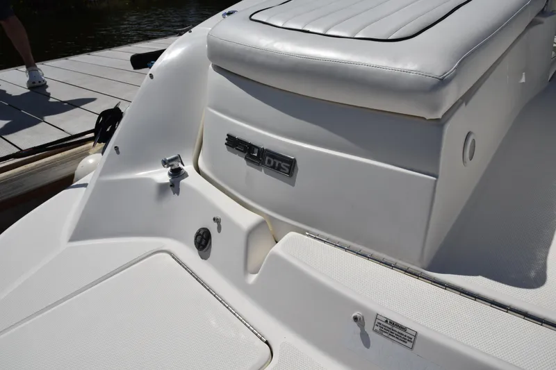Slide: The Image of 2009 Sea Ray 300 SLX boat, white seating area, docked by the water. - 15
