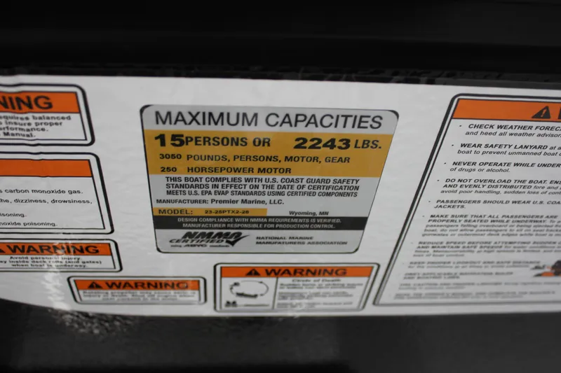 Slide: The Image of 2024 Premier 230 SunSation Angler capacity label, 15 persons or 2243 lbs, 250 HP motor. - 53