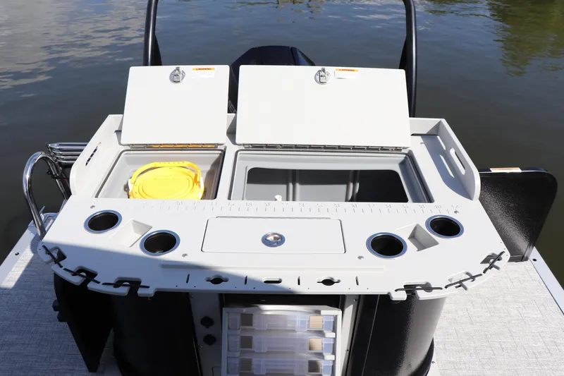 Slide: The Image of 2024 Premier 230 SunSation Angler boat with fishing station and storage compartments. - 6