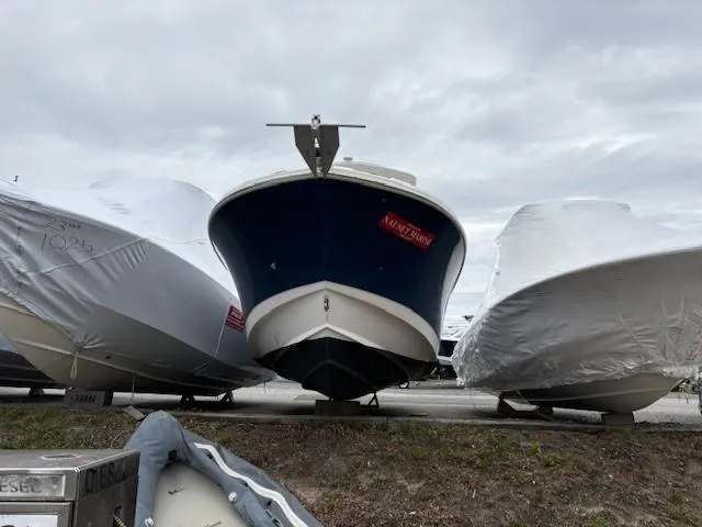 Slide: The Image of 2017 Edgewater 245 CC boat, blue hull, stored between covered boats, overcast sky. - 13