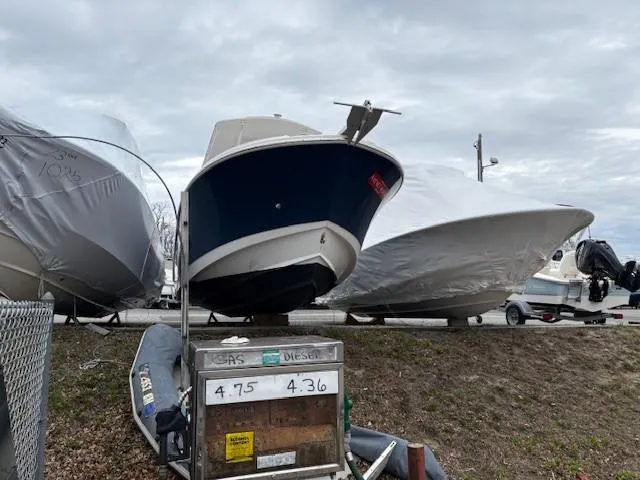 Slide: The Image of Edgewater 245 CC boat, 2017 model, stored outdoors with other covered boats. - 14