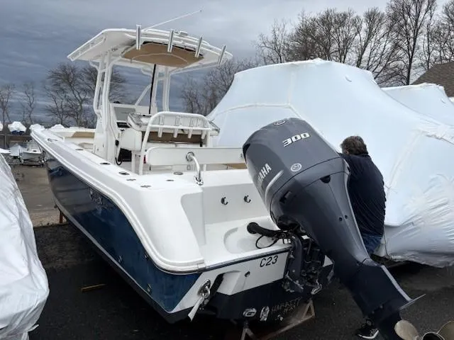 Slide: The Image of 2017 Edgewater 245 CC boat with Yamaha 300 engine, parked outdoors under cloudy sky. - 15