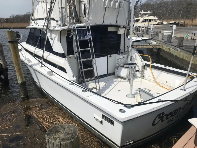 Slide: The Image of 1981 Bertram 35 Convertible boat docked at a marina. - 16