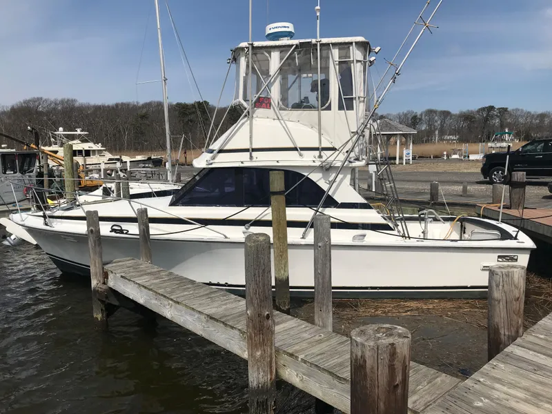 Slide: The Image of 1981 Bertram 35 Convertible boat docked at a marina. - 19