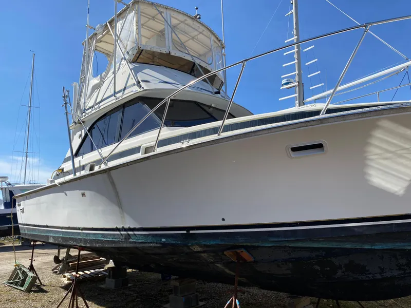 Slide: The Image of 1981 Bertram 35 Convertible boat on dry dock. - 20