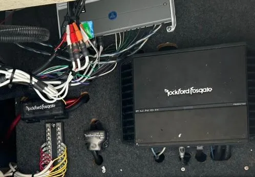 Slide: The Image of Audio system wiring in a 2008 Sea Ray 205 Sport boat with Rockford Fosgate components. - 25