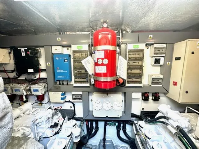 Slide: The Image of Engine room of a 2002 Sunseeker 75 Predator yacht with fire suppression system. - 28