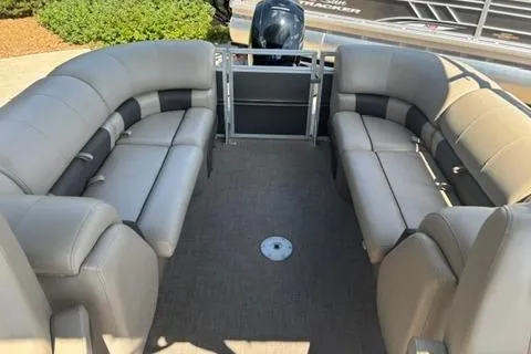Slide: The Image of 2024 Sun Tracker Party Barge 24 DLX interior with spacious seating and modern design. - 10