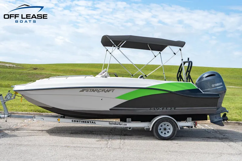 Slide: The Image of 2022 Starcraft SVX 191 OB boat on a Continental trailer with Yamaha outboard motor. - 1