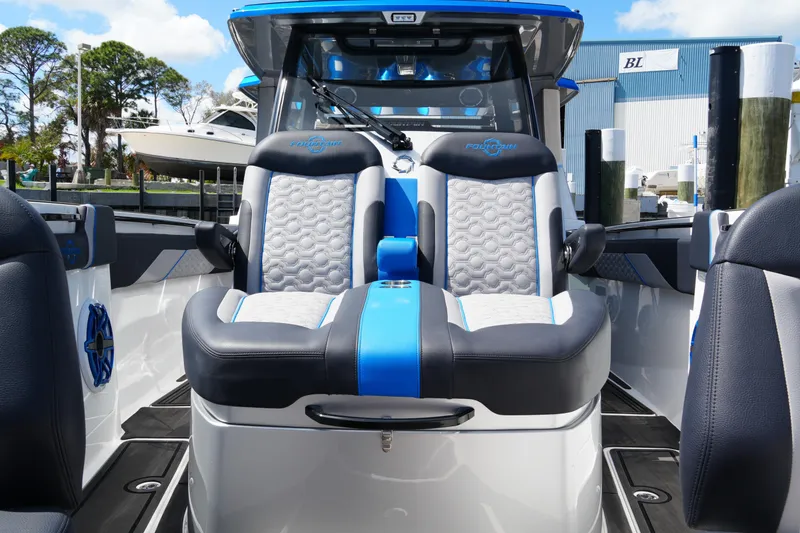 Slide: The Image of 2024 Fountain 38 SCX boat interior with stylish seating and modern design. - 35