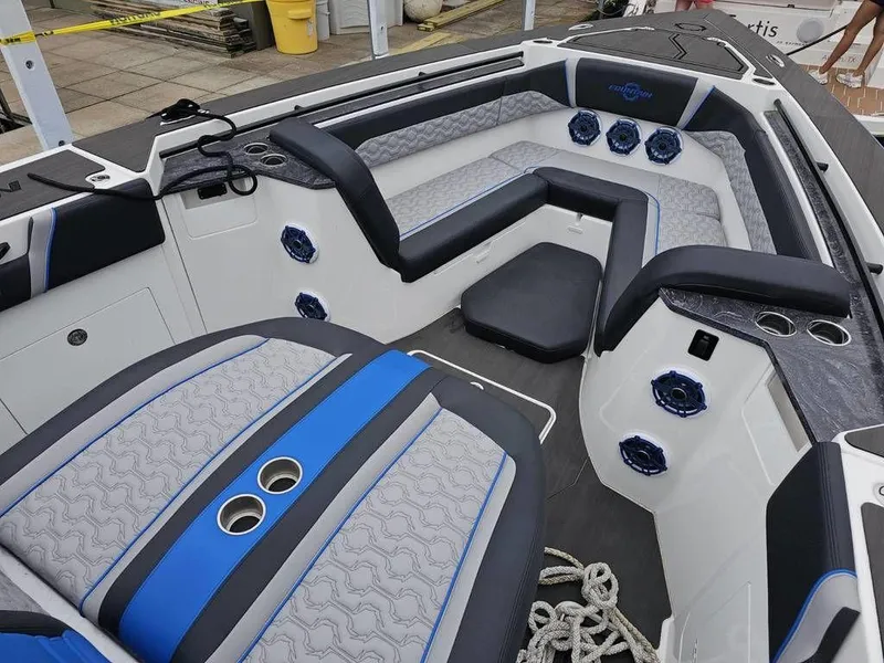 Slide: The Image of 2024 Fountain 38 SCX boat interior with luxurious seating and modern design. - 5