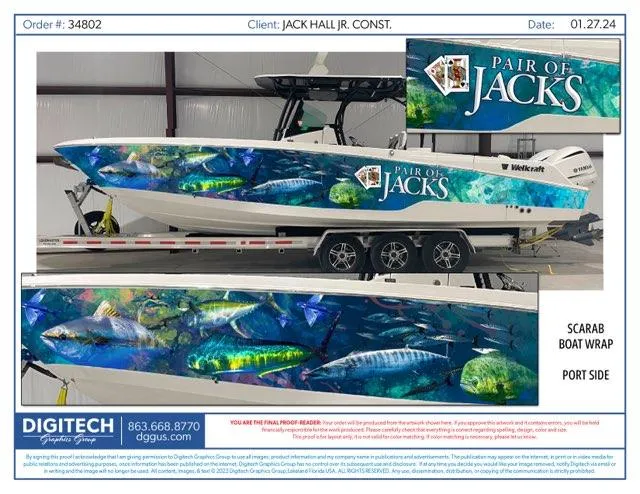 Slide: The Image of 2020 Wellcraft 302 Fisherman with vibrant 'Pair of Jacks' Scarab boat wrap design. - 3