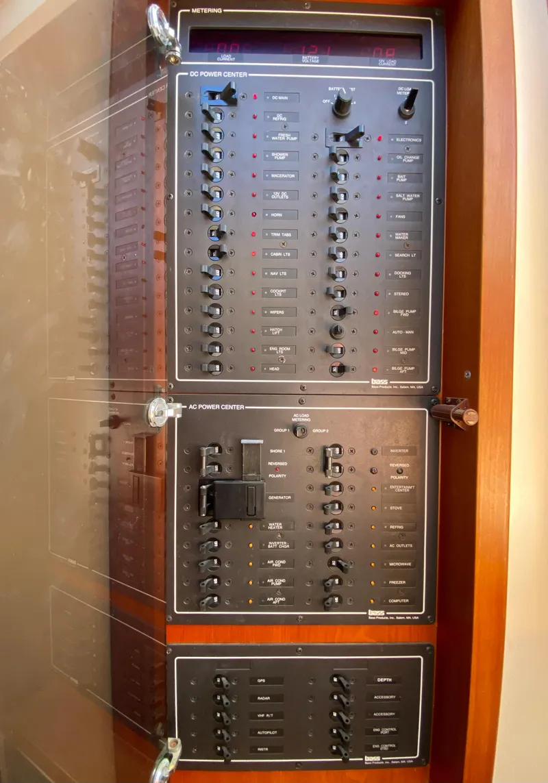 Slide: The Image of Electrical control panel on a 2000 Little Harbor 42 Whisper Jet boat. - 37