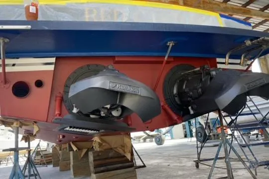 Slide: The Image of Little Harbor 42 Whisper Jet 2000 model in dry dock showing jet drives. - 41