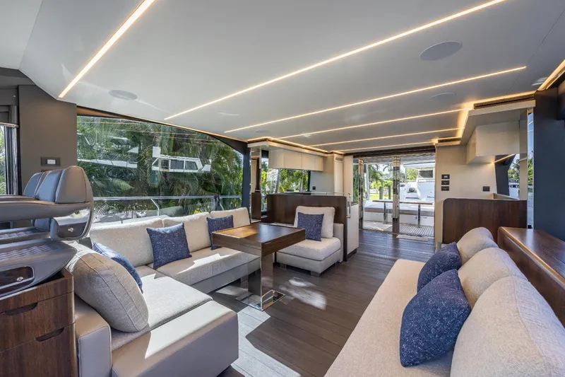 Slide: The Image of Luxurious interior of 2024 Astondoa Flybridge yacht with modern seating and elegant lighting. - 38