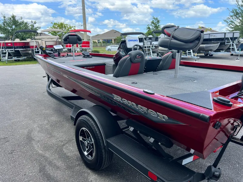 Slide: The Image of 2022 Ranger RT188 fishing boat in red, parked on a trailer. - 4