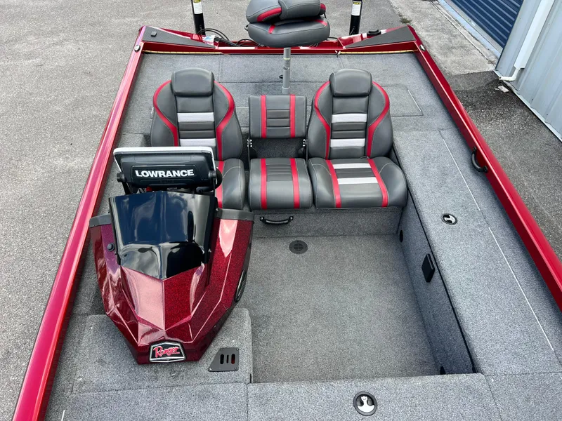 Slide: The Image of 2022 Ranger RT188 boat interior with Lowrance fishfinder and red-gray seating. - 7