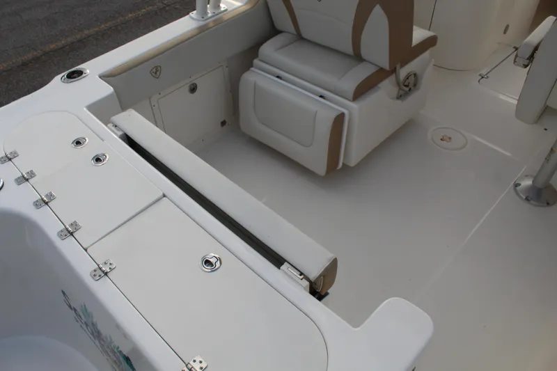 Slide: The Image of Interior of a 2018 Century 24 Resorter boat with seating area. - 15