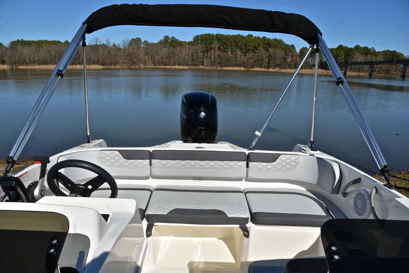 Slide: The Image of 2023 Bayliner Element M17 boat interior with lake view. - 22