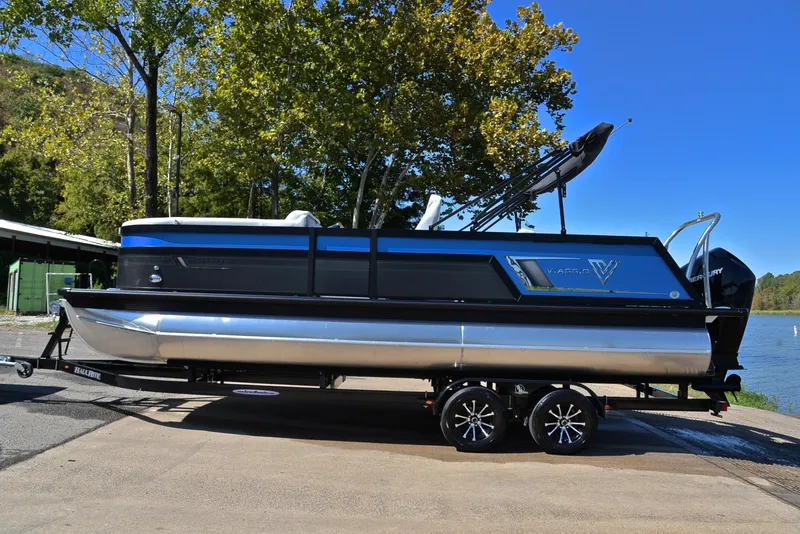 Slide: The Image of 2023 Viaggio D23S Platinum pontoon boat on trailer by the lake. - 11