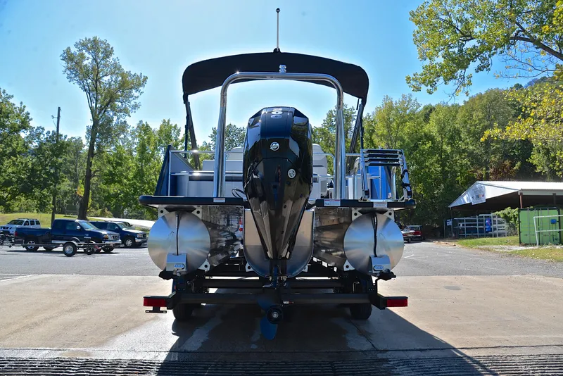 Slide: The Image of 2023 Viaggio D23S Platinum pontoon boat with outboard motor, rear view at dock. - 13