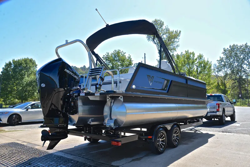 Slide: The Image of 2023 Viaggio D23S Platinum pontoon boat on trailer with Mercury outboard motor. - 14