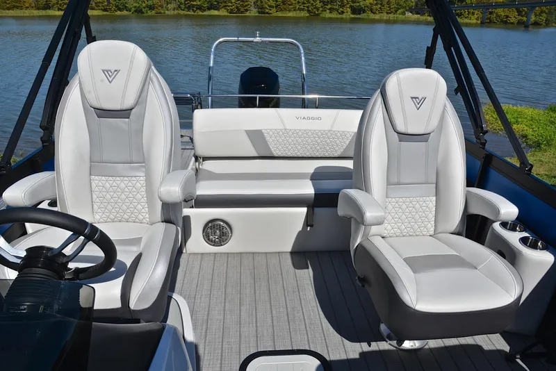 Slide: The Image of Luxury interior of 2023 Viaggio D23S Platinum boat with plush seating. - 26