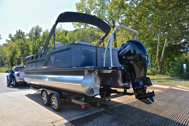 Slide: The Image of 2023 Viaggio L22Q pontoon boat with Mercury outboard motor on trailer. - 12