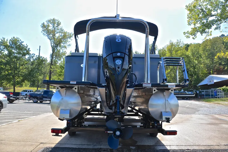 Slide: The Image of 2023 Viaggio L22Q pontoon boat with outboard motor, rear view at dock. - 13