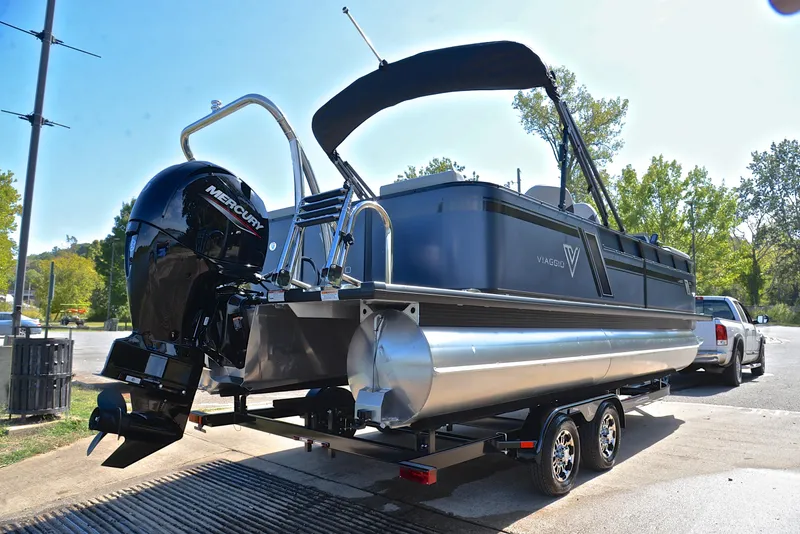 Slide: The Image of 2023 Viaggio L22Q pontoon boat on trailer with Mercury outboard motor. - 14