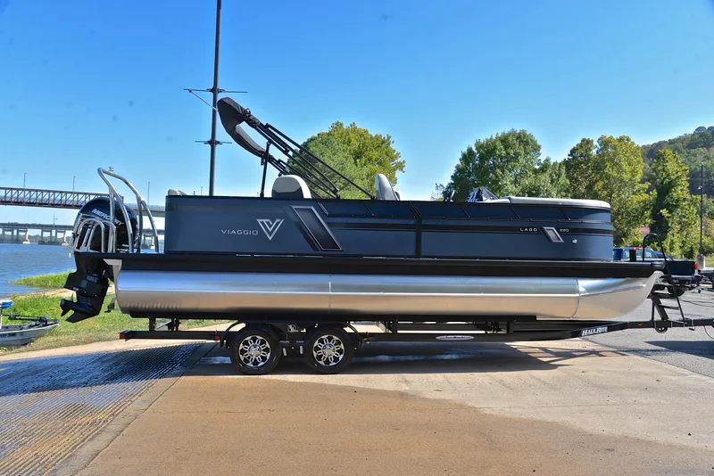 Slide: The Image of 2023 Viaggio L22Q pontoon boat on trailer by riverside. - 15