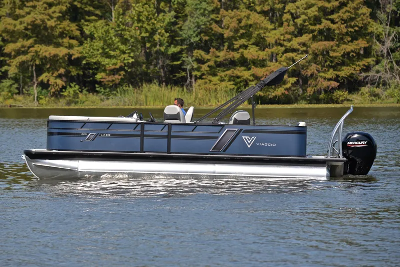 Slide: The Image of 2023 Viaggio L22Q pontoon boat cruising on a lake. - 8