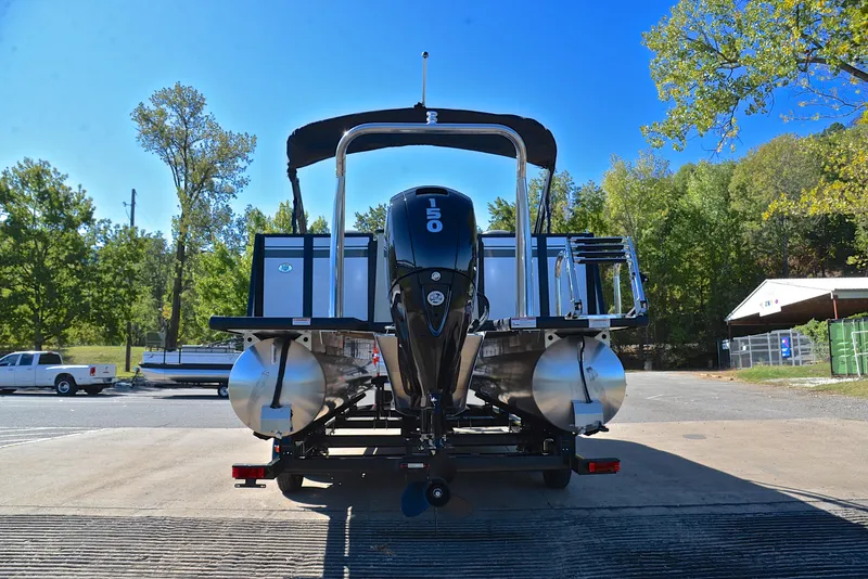 Slide: The Image of 2023 Viaggio L22R pontoon boat with powerful outboard motor, ready for launch. - 13