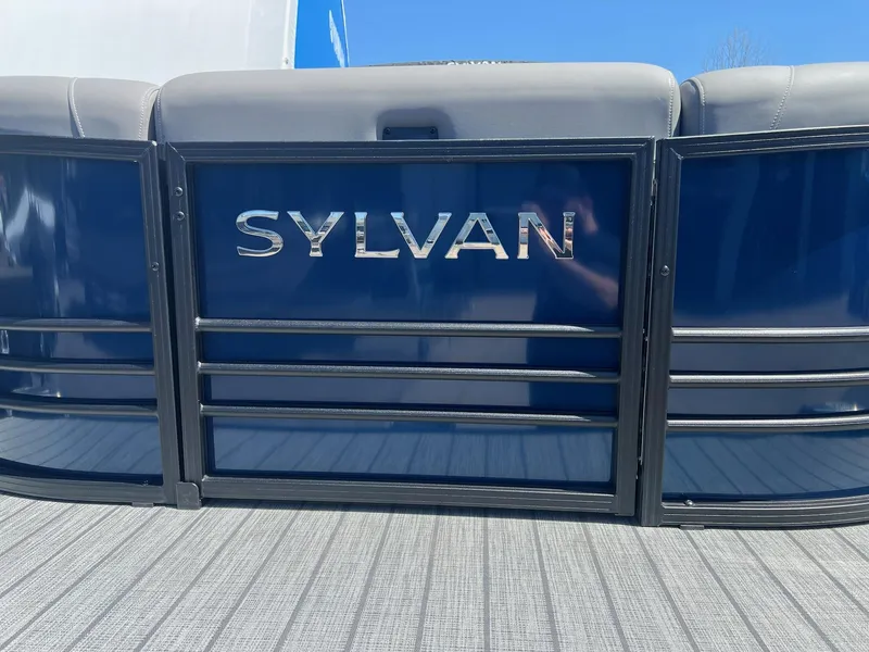 Slide: The Image of 2024 Sylvan S3 CLZ DH Tritoon boat, rear view with logo. - 34