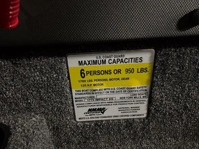 Slide: The Image of 2024 Lund 1775 Impact XS Sport boat capacity label, 6 persons or 950 lbs, 125 HP motor. - 37