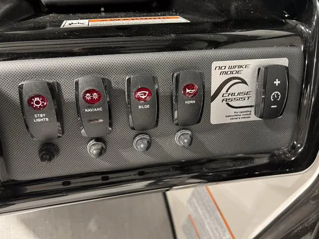 Slide: The Image of Control panel of 2024 Yamaha Boats SX195 with various switches and Cruise Assist. - 21