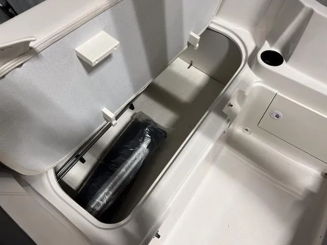 Slide: The Image of 2024 Bayliner E18 LTD storage compartment with black accessory inside. - 9