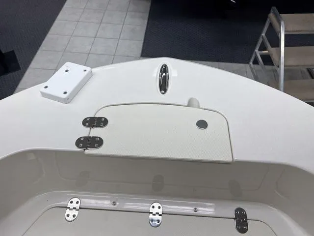 Slide: The Image of 2023 Stingray 173CC boat interior with storage compartment and stainless steel hinges. - 21