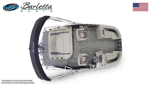 Slide: The Image of 2024 Barletta Boats Aria 20UC pontoon boat, top view, spacious seating, and modern design. - 7