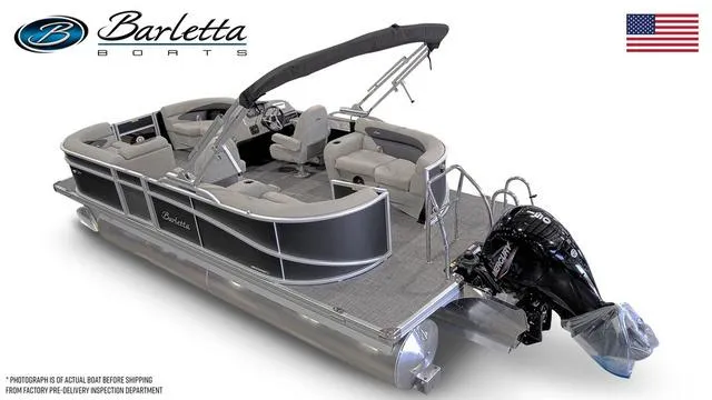 Slide: The Image of 2024 Barletta Boats Aria 20QC pontoon boat with outboard motor and seating. - 2
