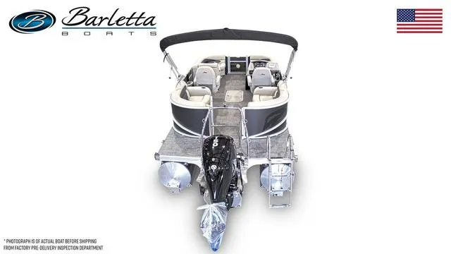 Slide: The Image of 2024 Barletta Boats Aria 20QC pontoon boat, rear view with motor, logo, and American flag. - 3