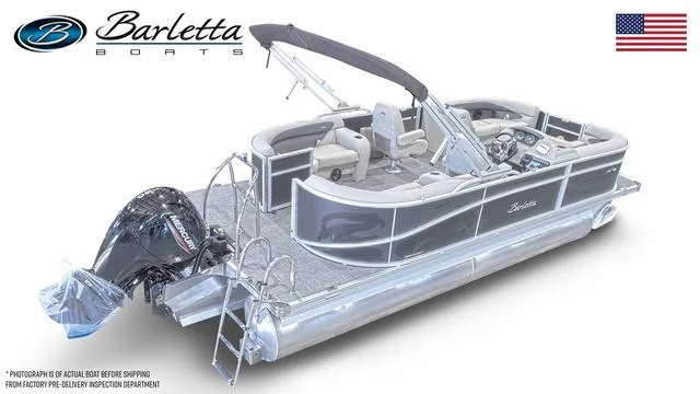 Slide: The Image of 2024 Barletta Boats Aria 20QC pontoon boat with outboard motor and American flag. - 4