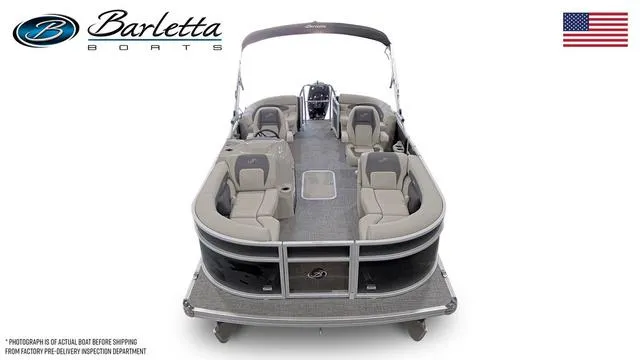 Slide: The Image of 2024 Barletta Boats Aria 20QC pontoon boat, top view, spacious seating, luxury design. - 6